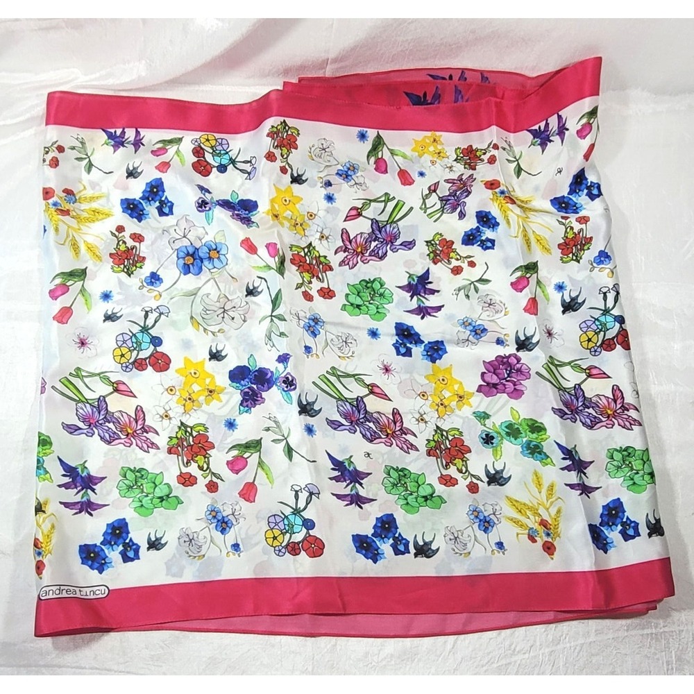 Andrea Tincu 100% Silk Floral Shawl Wrap Scarf - 64" x 18"